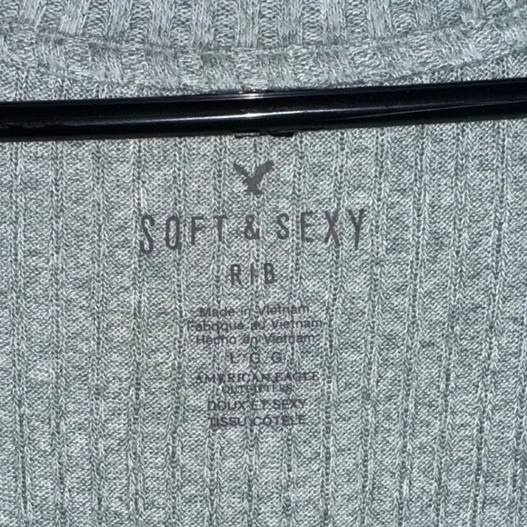 American Eagle Soft & Sexy Rib V-Neck Long Sleeve Top Grey/Teal Green Large - Picture 4 of 4